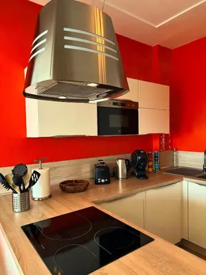 a kitchen with red walls and a stainless steel hood at Appartement La Promenade Des Anglais in Nice