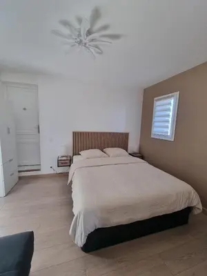 a bedroom with a bed and a ceiling fan at 2 pièces avec jardin vue mer in Saint-Laurent-du-Var