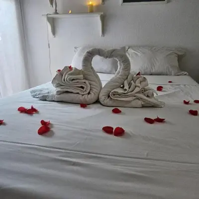 a swan made out of towels on a bed with roses at Nice Studio proche mer in Nice