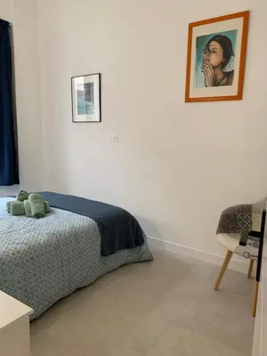 a bedroom with a bed and a picture on the wall at Élégant T2 au calme in Nice