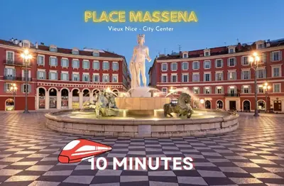 a poster for a city center with a fountain at Charmant studio sur la Promenade des Anglais in Nice