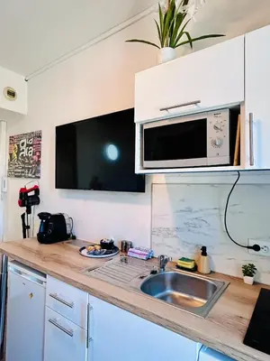 a kitchen with a sink and a microwave at Studio Rénové et Meublé Le Cœur de Nice à Vos Pieds in Nice