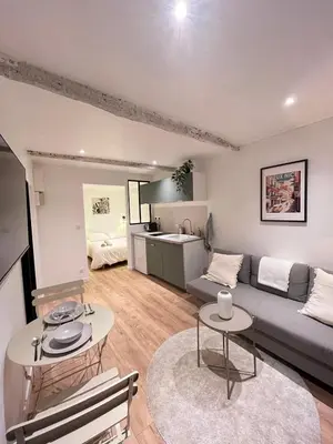 a living room with a couch and a table at Appartement cosy au coeur du vieux Nice in Nice