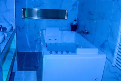 a blue bathroom with a sink and a tub at LE PALAIS DIANE - Apt cosy, Moderne et Climatisé in Nice