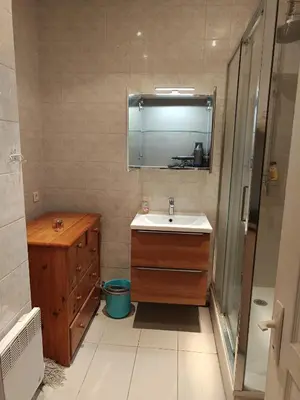 a bathroom with a sink and a mirror and a shower at Studio in Nice