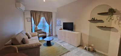 a living room with a couch and a television at Le Cocon de la Prom in Nice