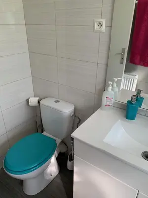 a bathroom with a blue toilet and a sink at Studio NICE near the sea in Nice