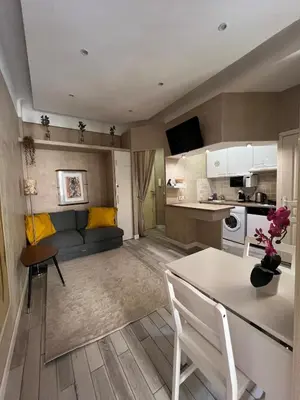 a kitchen and living room with a couch and a table at Perfectly located 1 bed apartment - Port of Nice in Nice