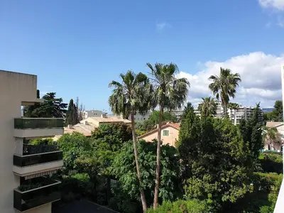 a view of a city with palm trees and a building at Cagnes 4 Pers Parking Bord de Mer Terrasse Clim in Cagnes-sur-Mer