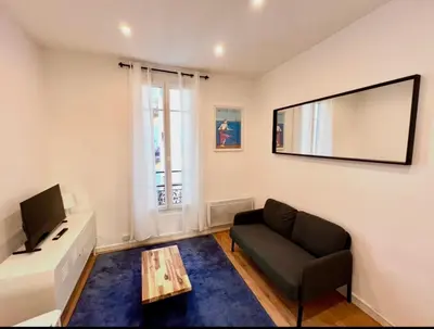 a living room with a couch and a flat screen tv at Beaumont Résidence in Nice