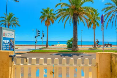 a white fence in front of a beach with palm trees at Beach Studio on Cagnes sea front in Cagnes-sur-Mer