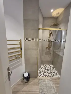 a shower with a glass door in a bathroom at petit appart cozy in Nice