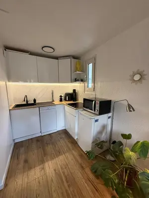 a kitchen with white cabinets and a sink and a microwave at AZUR DELUXE Nice in Nice