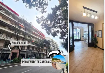 two pictures of a building with a sign and a street at Nestor&Jeeves - BLUE PASTEL PROMENADE - Spacious - Close sea in Nice