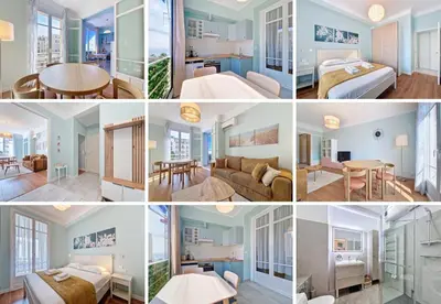 a collage of photos of a hotel room at Nestor&Jeeves - BLUE PASTEL PROMENADE - Spacious - Close sea in Nice