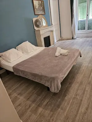 a large bed in a room with a fireplace at superbe chambre plein centre Nice climatisé direct aéroport via tram in Nice