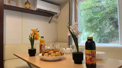 a table with a bowl of food and flowers on it at Cosy mobil-home wifi clim in Cagnes-sur-Mer