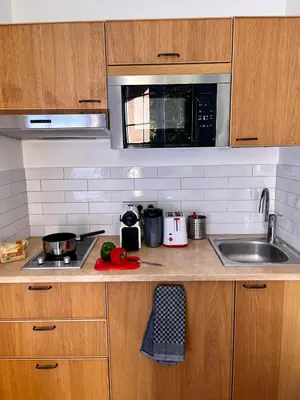 a kitchen counter with a sink and a microwave at Studio Lavande cosy et central à Cagnes-sur-Mer in Cagnes-sur-Mer