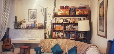 a living room with a couch and a book shelf at Shared Appartment with Kitten in Nice