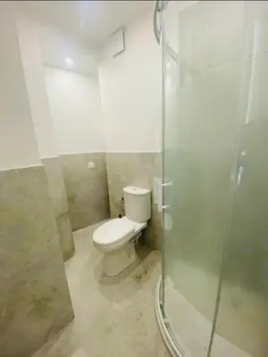 a bathroom with a toilet and a glass shower at Magnifique studio avenue des diables bleus in La Celle-sous-Gouzon