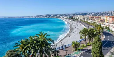 a view of a beach with palm trees and the ocean at Sea view appartment in Nice