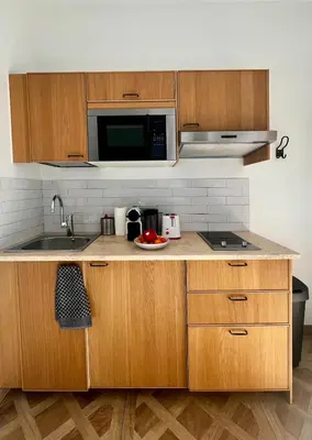 a kitchen with a sink and a microwave at Studio Olivier avec terrasse à Cagnes-sur-Mer in Cagnes-sur-Mer