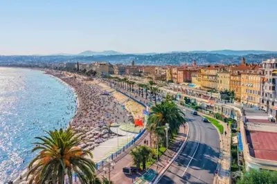 a view of a beach with palm trees and buildings at Le Notre Dame - 2 pièces au cœur de Nice in Nice