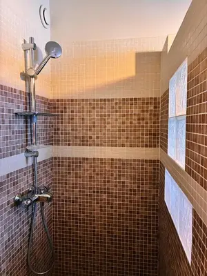 a bathroom with a shower with brown tiles at Holidays 80 in Saint-Laurent-du-Var