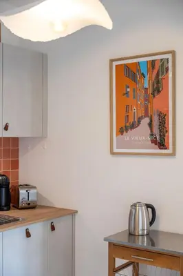 a living room with a couch and a tv on a wall at Appartement charmant & cosy au cœur du Vieux Nice in Nice