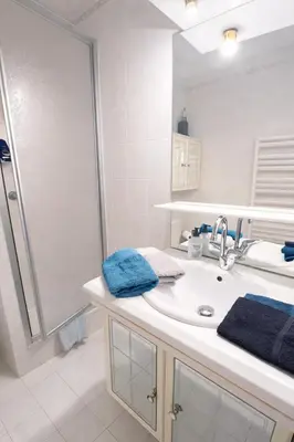 a bathroom with a sink and a shower at Cocoon au calme, proche mer et centre ville in Nice