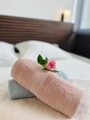 a rose sitting on top of a towel on a bed at Studio Azur in Nice