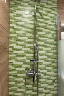 a shower in a bathroom with a green tile wall at Studio église russe in Nice