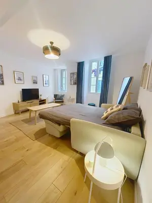 a bedroom with a large bed and a living room at Séjour idéal au cœur du Vieux-Nice in Nice