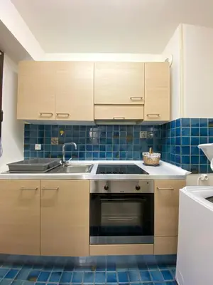 a kitchen with wooden cabinets and a sink at Emanuela in Nice