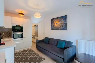 a living room with a couch and a kitchen at Nice 2 pièces proche centre in Nice