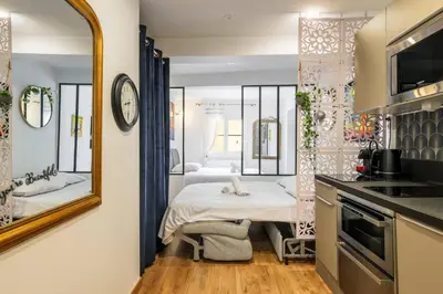 a bedroom with a bed and a mirror at 9 rue Pairoliere in Nice
