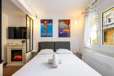 a bedroom with a bed and a fireplace at 9 rue Pairoliere in Nice