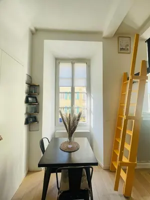 a room with a table with a plant on it at Bright modern studio, Nice Port, walk to tram and beach! in Nice