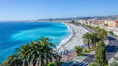 a view of a beach with palm trees and the ocean at Joli T3 moderne avec terrasse & climatisation in Nice