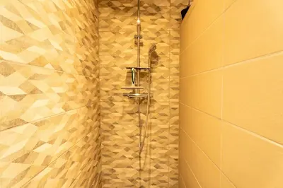 a bathroom with a shower with wooden walls at Le Bougainvillier in Nice