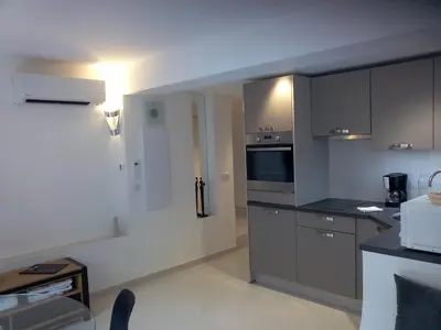 a kitchen with stainless steel appliances and gray cabinets at Villa du Chateau in Nice