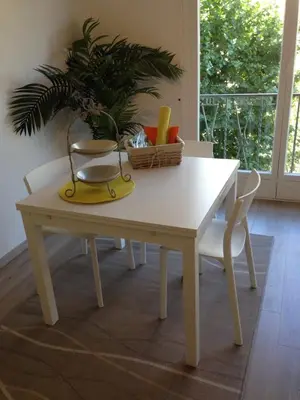 a white table with a plant and a basket on it at Studio équipé à 9mn à pied du centre ville et de la plage in Nice