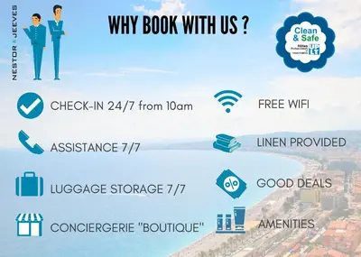 a diagram of why book with us at Nestor&Jeeves - PALAIS MARIE PRESTIGE - Central - Close sea in Nice