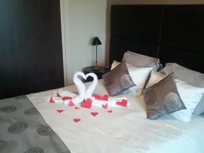 a bed with two swans and hearts on it at Nice Centre, Magnifique Studio Proche Mer in Nice