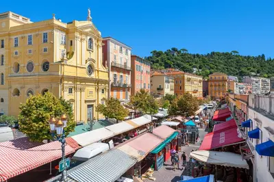 an overhead view of a street with shops and buildings at Appartement Musiciens in Nice