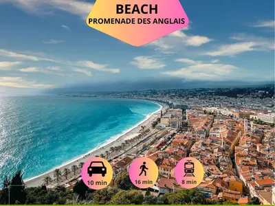 an aerial view of the beach and the ocean at Casa Madere- Idéal Couples - Central & cosy -Train station - Tram & Supermarkets-Balcony- Washing-machine-AC in Nice