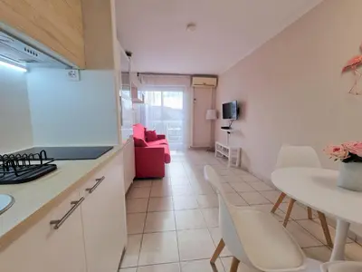 a kitchen and a living room with a table and chairs at Affitto-Nizza in Nice