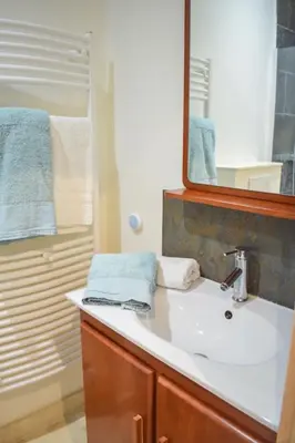 a bathroom with a sink and a mirror at Résidence Barla in Nice