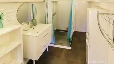 a bathroom with a sink and a mirror and a shower at CondoNice in Nice