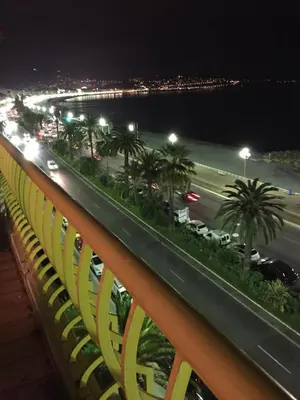a view of a street at night from a bridge at Beachfront apartment Promenade Des Anglais in Nice